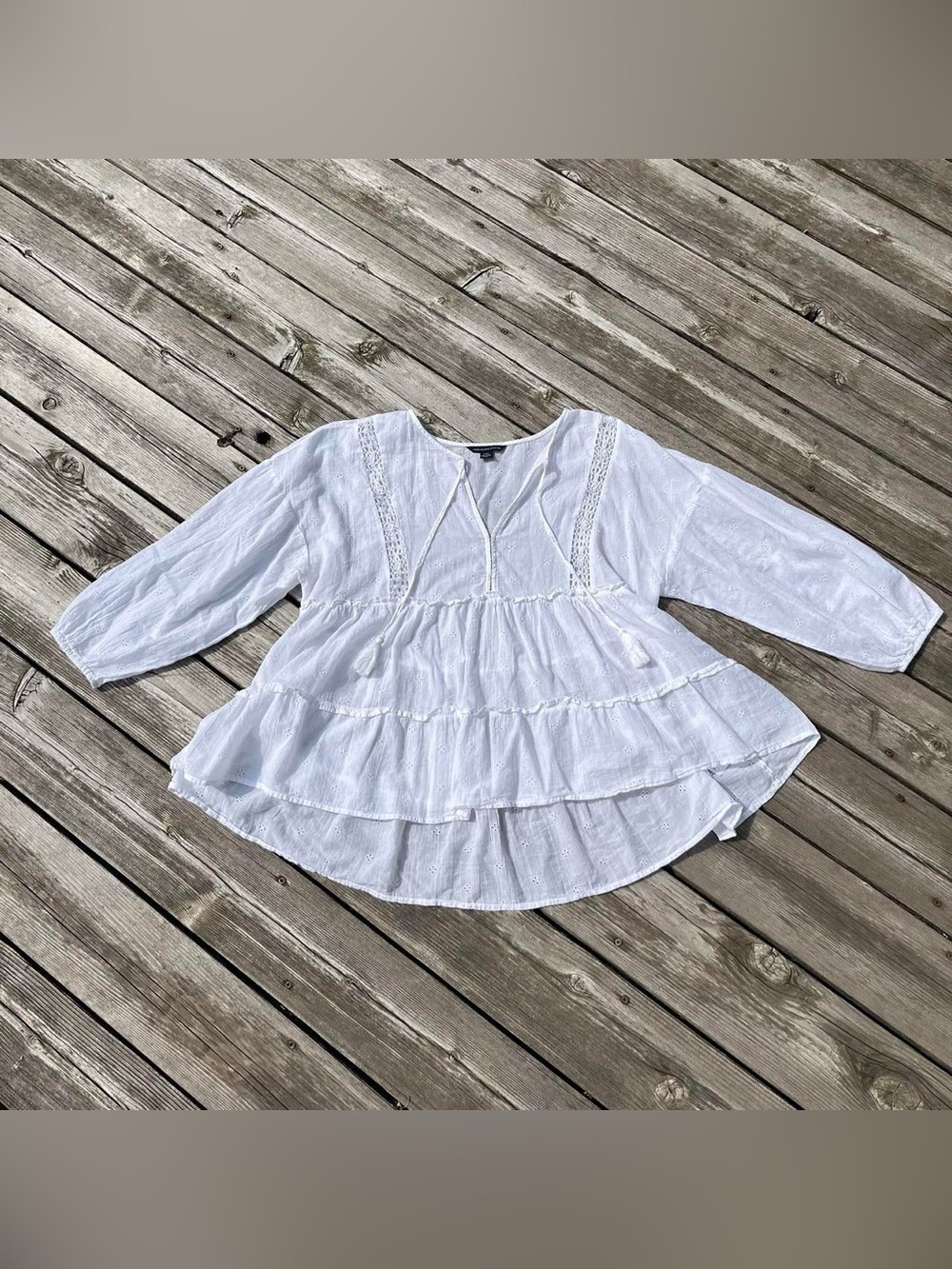American Eagle Outfitters white semi-sheer flowy tiered eyelet lace blouse